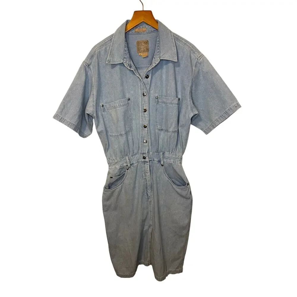 VTG AMI 90s Western Wear Med Wash Denim Short Sleeve Mini Dress Cotton Size 10 - Picture 3 of 15